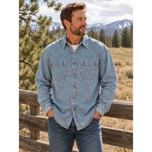 Vintage True Blue Men's Denim Shirt XL Light Wash 100% Cotton Button Front 90s